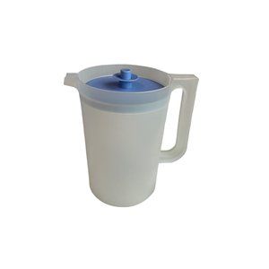 Tupperware White Opaque Pitcher‎ with Blue top Push Button to Remove Top